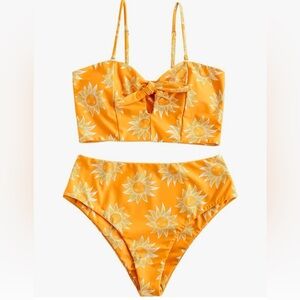 NWT ZAFUL Women Sunflower Keyhole Tied High Waisted Bikini; size S / 4